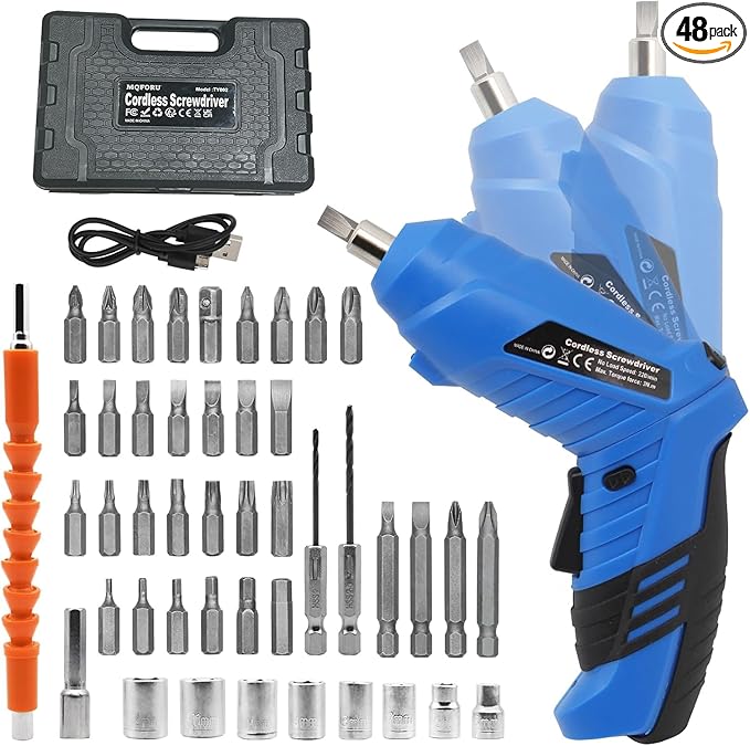 MQFORU Cordless Screwdriver, 48 in 1 Electric Screwdriver, Rechargeable 3.6V Portable Cordless Drills Kit, Dual Position Handle with USB Cable LED Light for Home Office DIY Tools