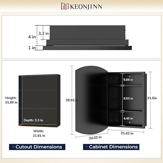 Keonjinn Black Medicine Cabinet with Mirror 24” x 30”, Metal Framed Wall Cabinet with Beveled Mirror, Surface Mount or Recessed Medicine Cabinet for Bathroom, Bathroom Mirror with Storage