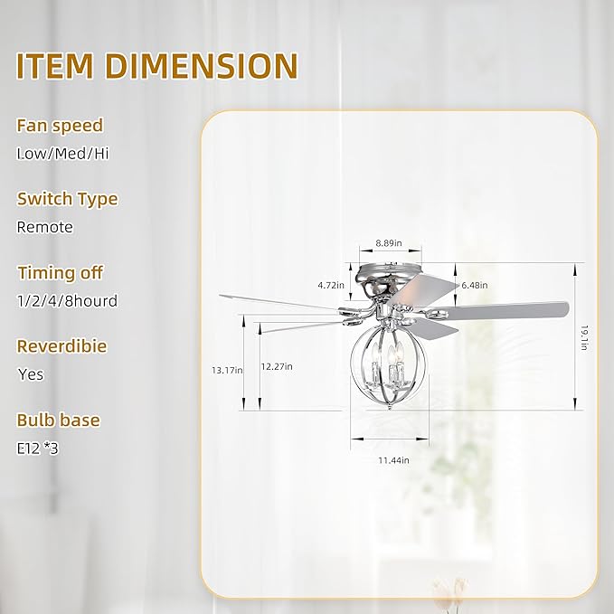 NicBex Ceiling Fan 52 Inch Ceiling Fan with Lights Ceiling Fans with 5 Blades and Remote Control Ceiling Fan with Round Lamp Shade for Bedroom, Living Room, Silver