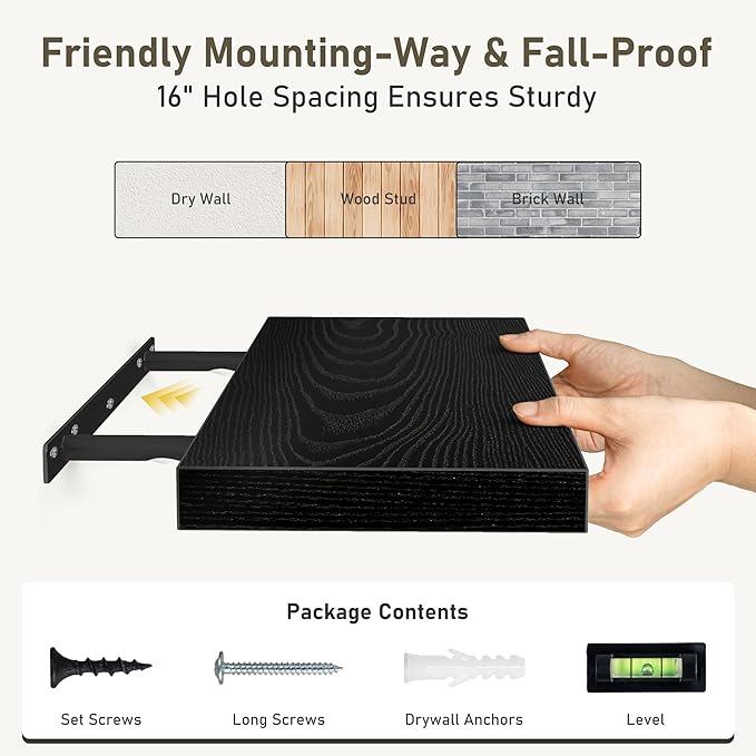 Fun Memories Black Floating Shelves Wall Shelf 24 Inch Long, Rustic Bathroom Shelves, Wall Mounted Wood Floating Shelf for Kitchen, Living Room, Bedroom, 24 x 6.7 x 1.4 inch Set of 3