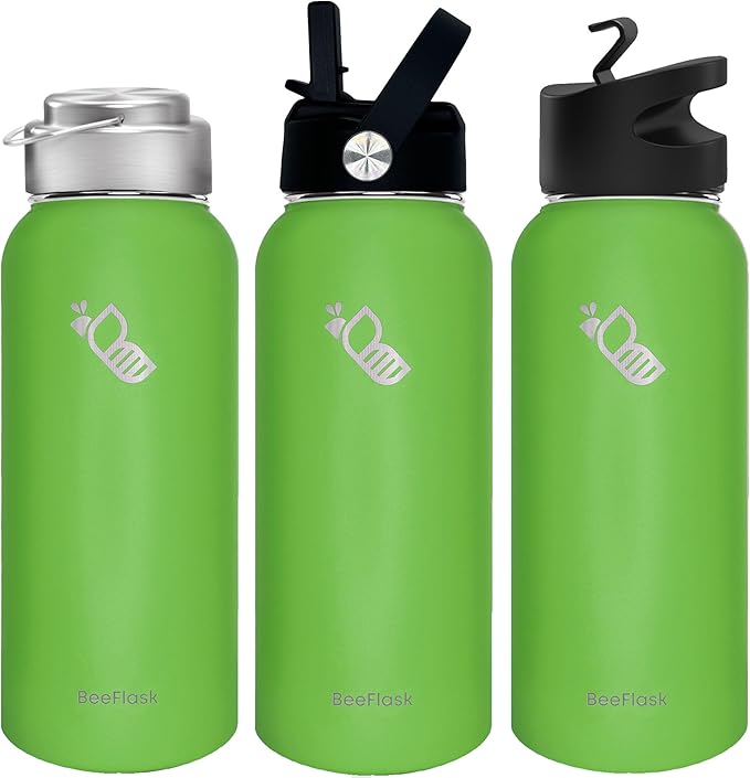 Sports Water Bottle - 32 Oz, 3 Lids (With straw), 50 Cute Stickers, Vacuum Insulated, 308 Stainless Steel, with a Portion of Sales Supporting Bee Conservation Efforts (Forest Green)