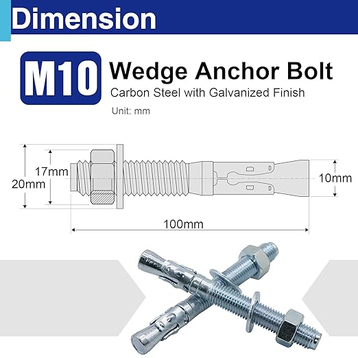 10Pcs M10×80mm Wedge Anchor Bolt, Carbon Steel Zinc Plated, Concrete Anchor Screws Kit, Anti-Rust Metric Expansion Bolts