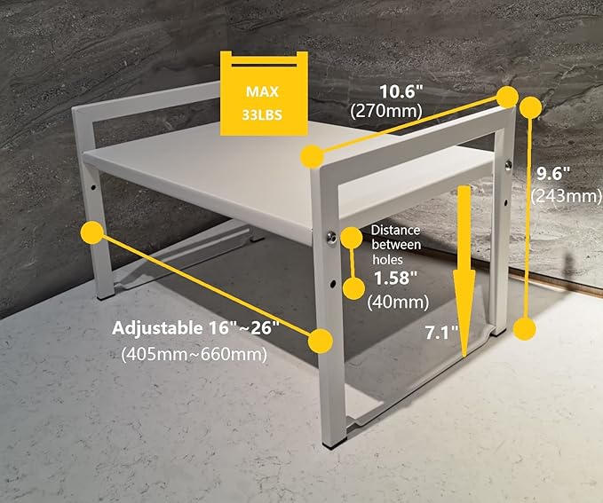 Expandable Cabinet Shelf Organizer 16-26" L Stackable Kitchen Counter Shelf Rack Stand Sink Riser Countertop Storage White (Wide 10.6”D)