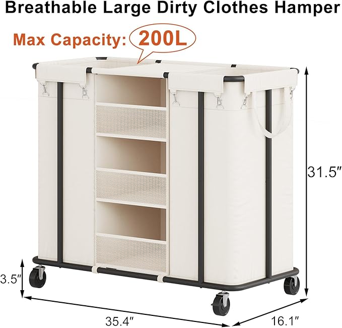 WOWLIVE Laundry Sorter 2 Section 200L Rolling Laundry Hamper with Hanging and Removable Bags Laundry Cart with Steel Frame and Storage Unit Large Basket Organizer for Dorm Room, Bathroom (Beige)