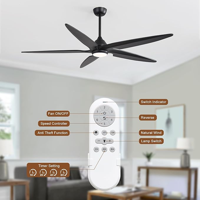 54 Inch Modern Ceiling Fan with Lights and Remote, 5 Wood Blades, 6-Speed Noiseless Reversible DC Motor with Replaceable Downrods for Bedroom Living Room Dining Room, Black