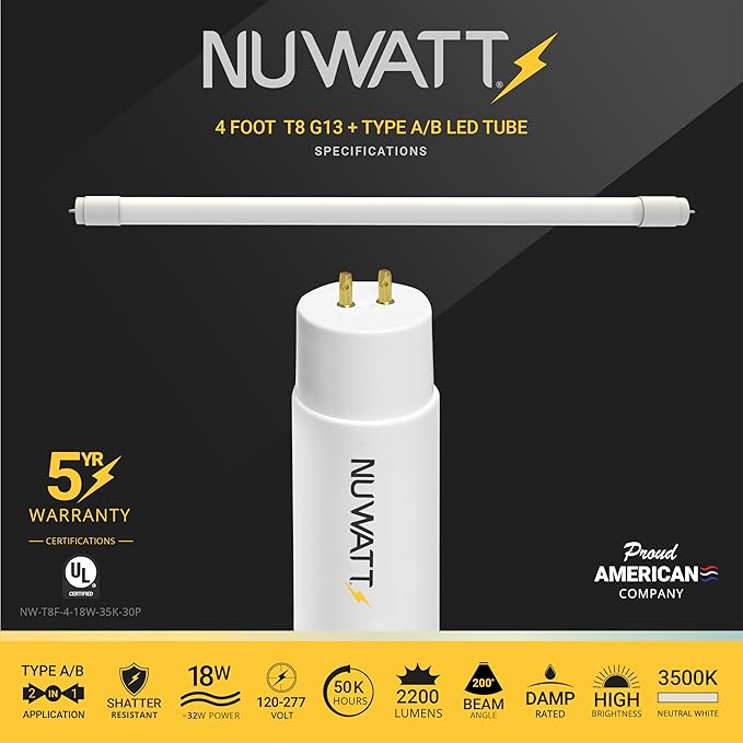 NuWatt 30 Pack 4 FT LED T8 Tube Light, T10 T12 Hybrid Type A+B, 3500K Neutral White, 18W High Brightness 2200 Lumens, Plug & Play OR Ballast Bypass Fluorescent Tube Replacement, Single or Double Ended