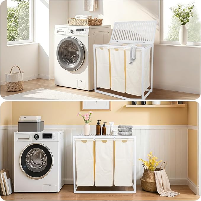 Bamboo Laundry Hamper 3 Section with Lid, 150 L Laundry Sorter with Pull-Out Removable Washable Bags, 3 × 12.5 Gal Divided Laundry Baskets for Laundry Room, Bathroom (White)