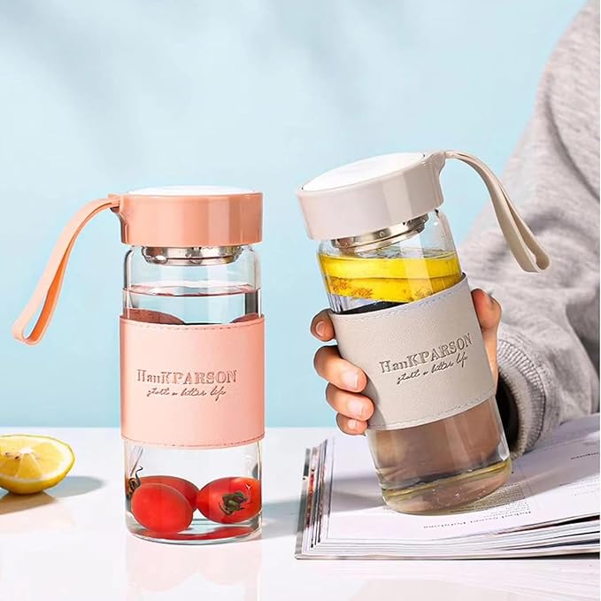 Glass Water Bottles 16 Oz Borosilicate water bottle-with sealing cap and Holsters and filters - BPA free,Men and Women Portable Glass Bottle (Pink+Green)