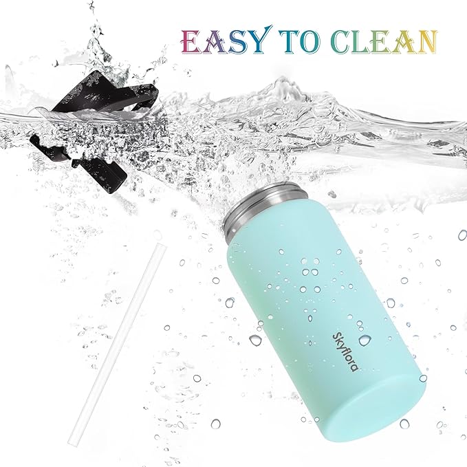 Kids Water Bottle with Straw 2 Pack, 16oz Water Bottles Bulk, Single Wall 18/8 Stainless Steel, Dishwasher Safe & Leakproof, Reusable Gift for Girls Boys to School Sports Travel Camping, Pink & Green