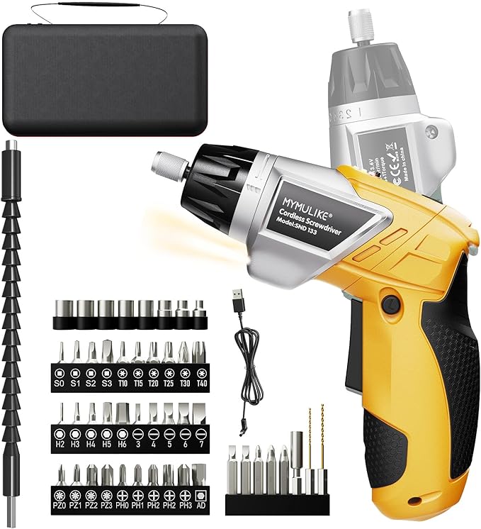Electric Screwdriver Cordless Set, 3.6V Power Screwdriver Rechargeable with Light, Yellow Screw Gun with Pivoting Handle and Drill, 49 Pcs Accessories, 6+1 Torque Setting, 2000 mAh Battery