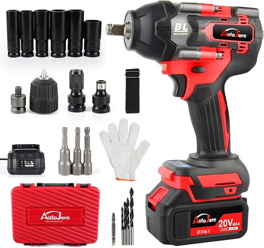 Cordless Impact Wrench Kit 1/2 inch,Electric Powerful Brushless Motor 20V Max Rechargeable Lithium-Ion Battery with Charger 6pcs Sockets Cordless Wrench Kit