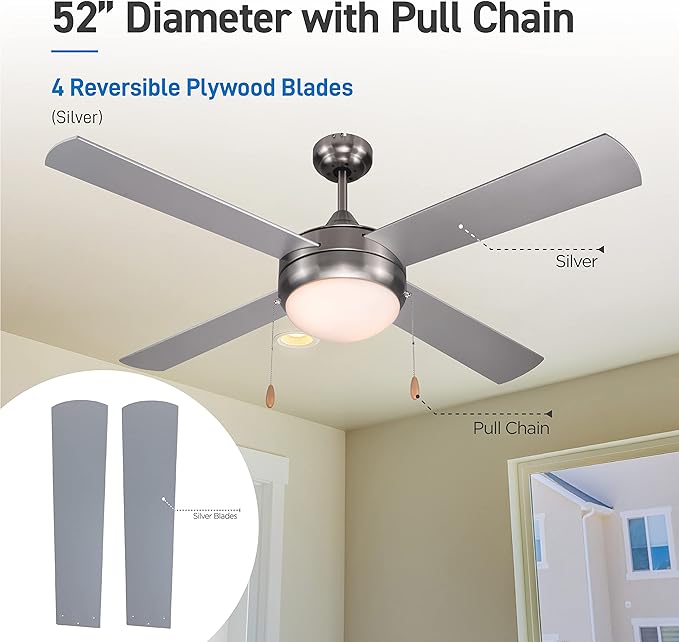 COMMERCIAL COOL 52” Modern Ceiling Fan with Lights, Cools up to 350 Sq. Ft., Perfect for Large Rooms, Featuring 3 Air Flow Speeds with Dual Chain, 4 Plywood Blades in Silver