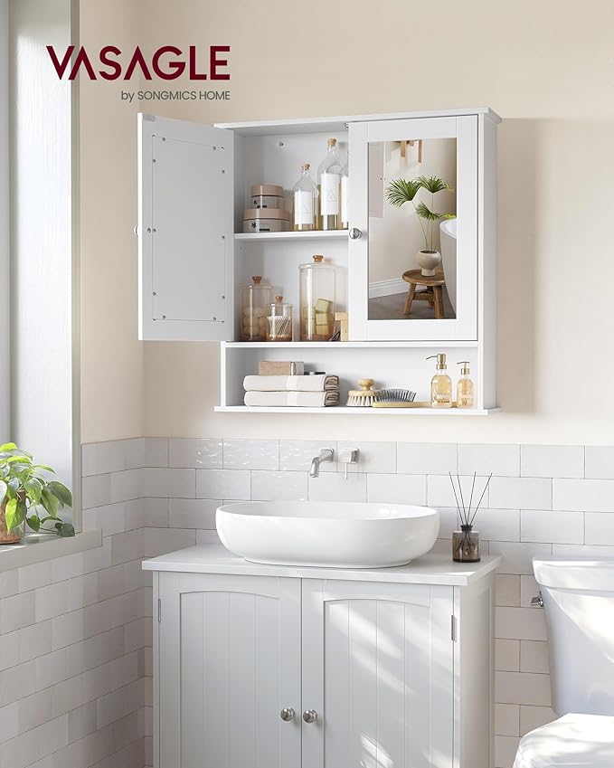 VASAGLE Bathroom Cabinet with Mirror, Wall Cabinet with 2 Mirrored Doors, Adjustable Shelf, Open Compartment, Wall-Mounted, 5.9 x 25.6 x 29.5 Inches, White ULHC012W01