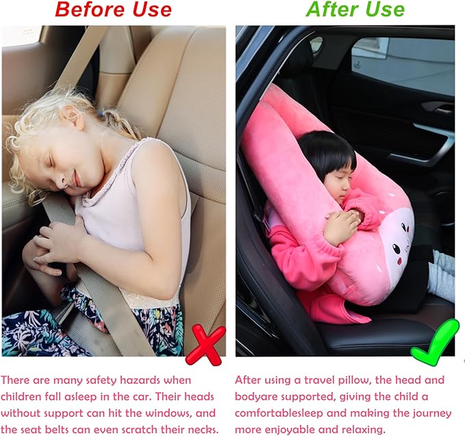 Kids Travel Pillow for Car Seat with Hand Muff, Cartoon Neck & Headrest Seat Belt Pillow for Car Road Trips Long-Distance Travel Sleeping Pillow for Adults and Children, Strawberry