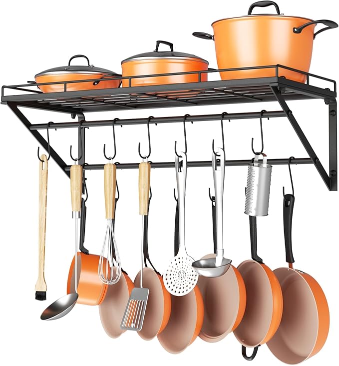 OROPY 31 Inch Wall Mounted Pot Rack Storage Shelf with 2 Tier Hanging Rails 14 S Hooks included, Ideal for Pans, Utensils, Cookware - Black