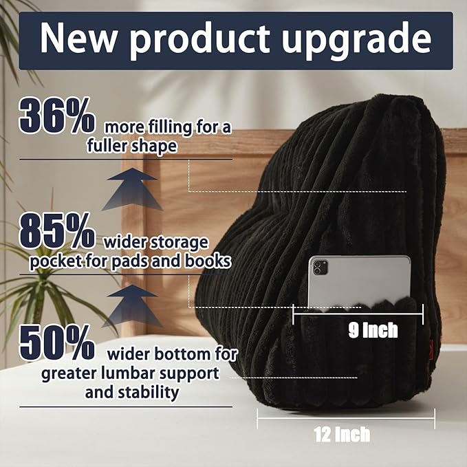 Faux Fur Headboard Pillow with 2 Pack Neck Roll Pillow Large Headboard Pillow Soft and Supportive with Removable Cover (Black, Queen)