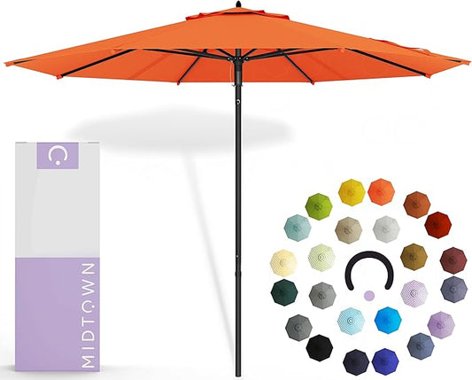 Midtown Umbrellas Push and Pop 9 Feet Outdoor Umbrella, Bright Orange Polyester Fabric - Fiberglass Ribs Deck Patio Umbrella, Backyard Umbrella, Garden Umbrella & Pool Umbrella - Black Pole