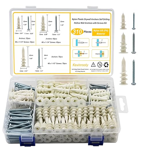 3 Sizes Self Drilling Drywall Anchors, 310PCS Nylon Plastic Wall Anchors and Screws for Drywall, No Pre Drill Hole Preparation Required,13x32mm,15x33mm,13x42mm