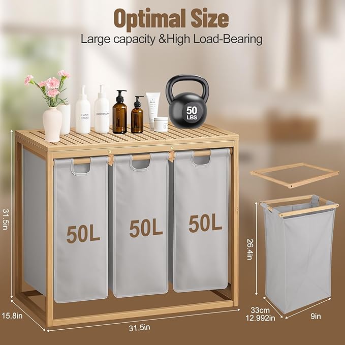 Bamboo Laundry Hamper 3 Section with Lid, 150 L Laundry Sorter with Pull-Out Removable Washable Bags, 3 × 12.5 Gal Divided Laundry Baskets for Laundry Room, Bathroom (Gray)