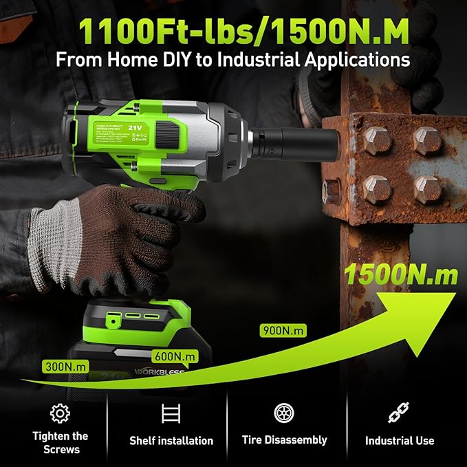 1/2 Impact Gun, 1500Nm (1100Ft-lbs) High Torque Brushless, Cordless Impact Wrench with 20V 4Ah Battery, 3-Speed, 4 Cr-V Sockets, LED Light, Variable Speed, Electric Wrench for Car Tire, Mower Lug Nut