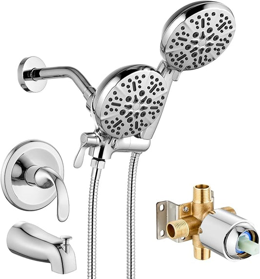 gotonovo Tub Shower Faucet Set,2 in 1 Dual Shower Head and Handle Set with Tub Spout Wall Mount Bathroom Shower Trim Kit with 3-way Water Diverter Valve Included Various Modes Polished Chrome