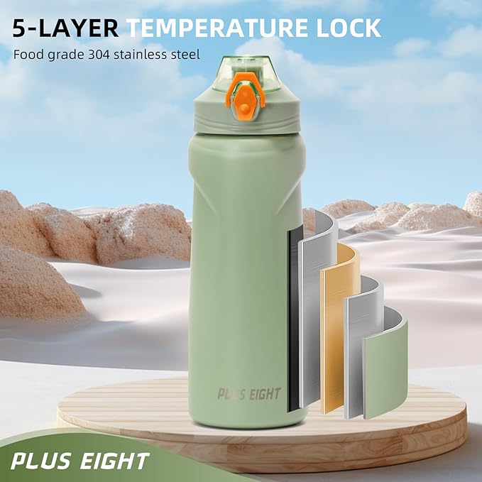 Sports Water Bottle, 25 oz Insulated Water Bottle With Straw, Stainless Steel Water Bottle Wide Mouth for Sports, Gym or Office, BPA-Free Keep Cold 24H Hot 12H (Green)