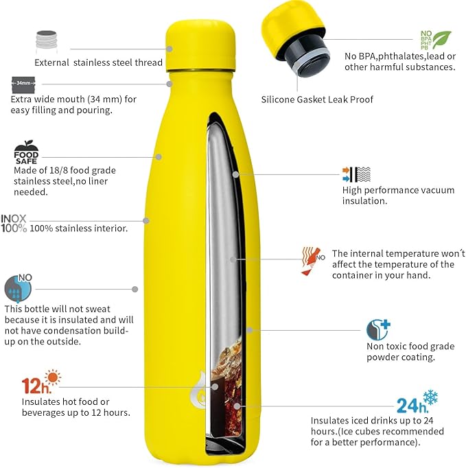 BJPKPK Stainless Steel Water Bottles 17oz Insulated Water Bottle Dishwasher Safe Sports Water Bottles for Travel-Yellow