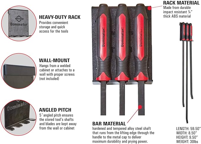 Mayhew Tools 14068 Dominator Pro 3-Piece Pry Bar Set, 48", 58" & 44" Curved Heavy-Duty Pry Bars, Red