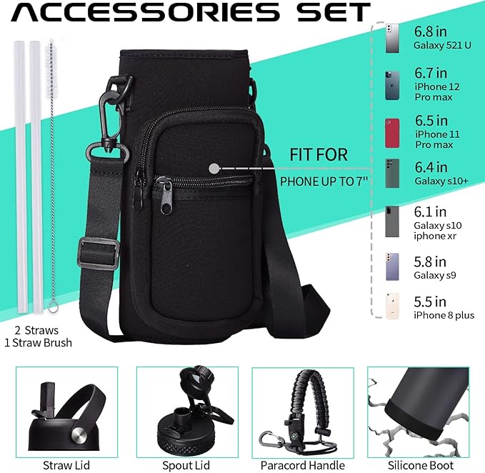 Vacuum Insulated Water Bottle 40oz - w/Straw Lid & Spout Lid, Carrier Bag, Paracord Handle, Bottle Boot, Reusable Stainless Steel Water Bottle for Adults, Wide Mouth Thermo Flask Cold-48H Hot-24H