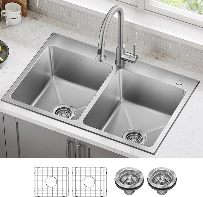 KRAUS Fairlane 33-inch Drop In/Top Mount Double Bowl 18-Gauge Stainless Steel Kitchen Sink, KHT632-33