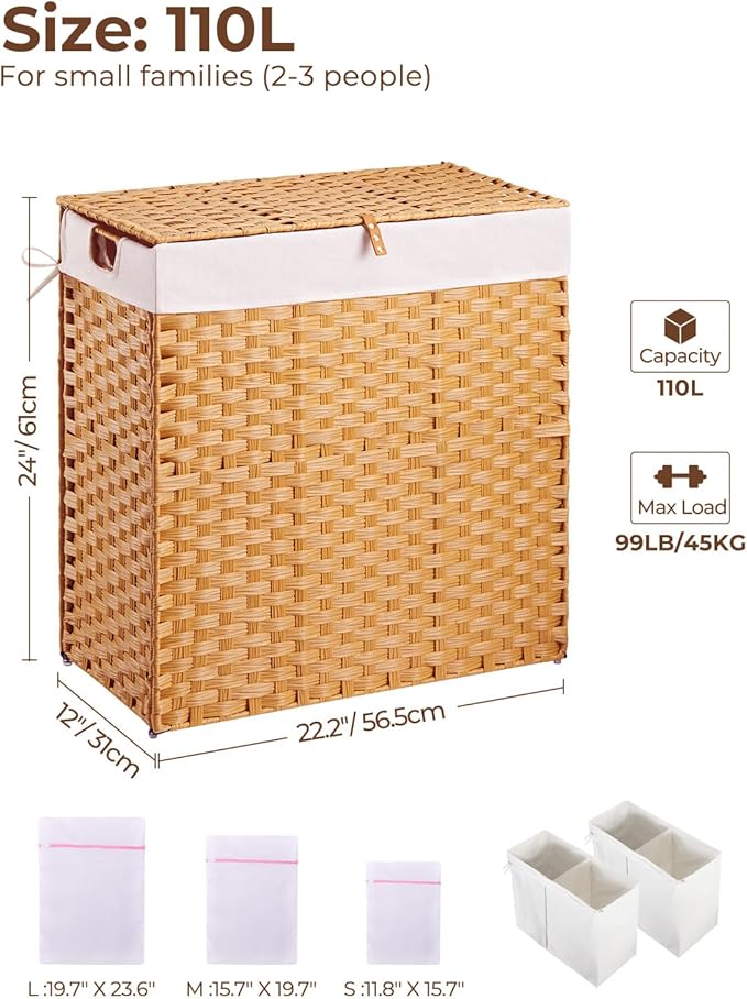 Greenstell Laundry Hamper with lid, No Install Needed, 110L Wicker Laundry Baskets Foldable 2 Removable Liner Bags, 2 Section Clothes Hamper Handwoven Rattan Laundry Basket with Handles, Natural