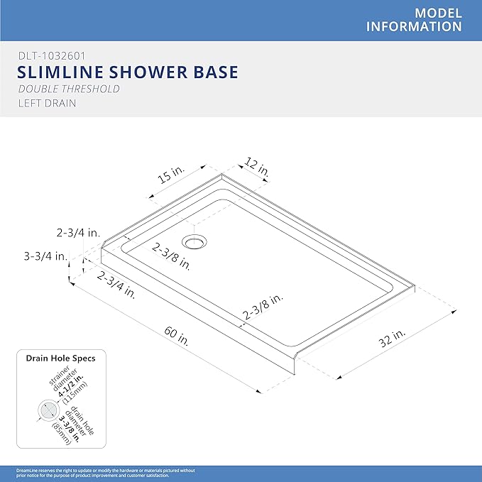 DreamLine SlimLine 32 in. D x 60 in. W x 2 3/4 in. H Left Drain Double Threshold Shower Base in White