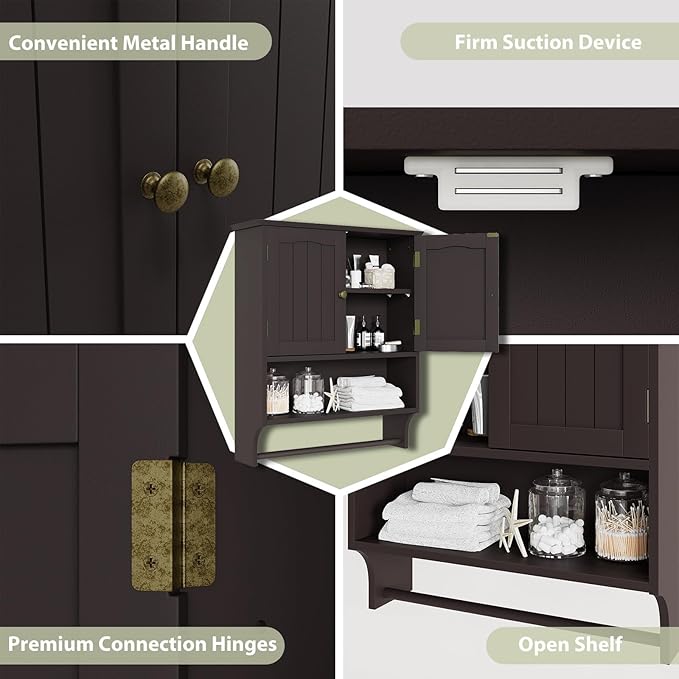 Smuxee Brown Wall Cabinet with Towel Bar - Medicine Cabinet with Adjustable Shelves, Over Toilet Cabinet for Laundry Room Kitchen