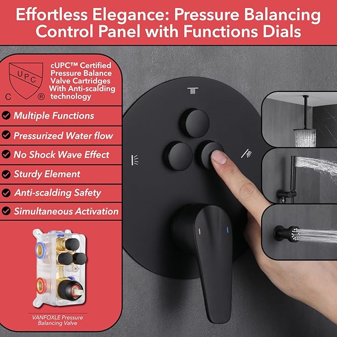 VANFOXLE Shower Faucet Set Matte Black Shower System,Push Button Diverter Shower Faucet with 2 in 1 Handheld,Ceiling Mount 10 Inch Shower Head with 4 PCS Dual Modes 2 Inch Body Jets