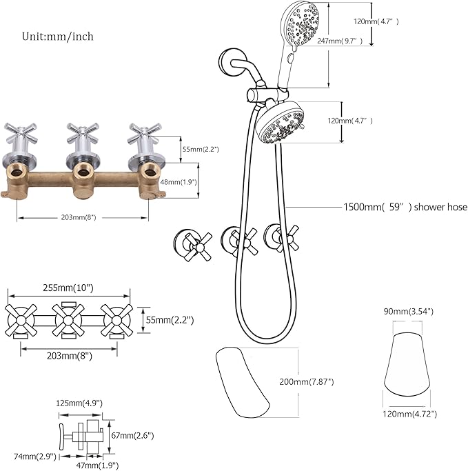3 Handle Tub Shower Faucet Bathtub Faucet Set with Waterfall Tub Spout, Rough-in Valve Included Chrome