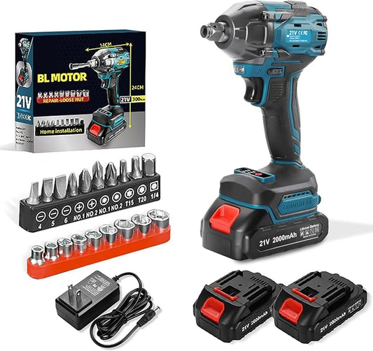 300N.m Cordless Impact Wrench, 21V Torque Power Impact Driver, 1/2" Brushless Impact Gun with 2*2.0Ah Batteries with 19 Accessories, Electric Impact Motor Variable Speeds for home installation (Blue)
