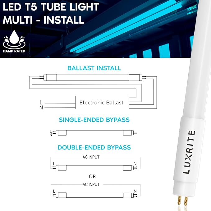 LUXRITE 12-Pack 4FT T5 LED Tube Lights, Type A+B, 24W=54W, 3500K Natural White, 45.78", Ballast and Ballast Bypass Compatible, Single or Double End Powered, F54T5 Fluorescent Replacement, Damp Rated