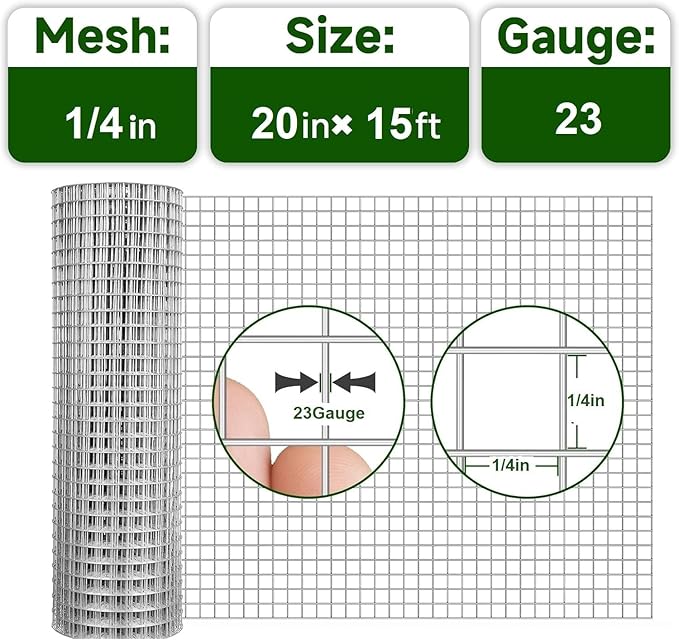 Hardware Cloth 1/4inch 20inx15ft 23 Gauge,Double-Layer Hot-Dip Galvanizing After Welding,Chicken Wire Netting Garden Wire Fencing Rabbit Snake Fence Chicken Coop Plant Supports