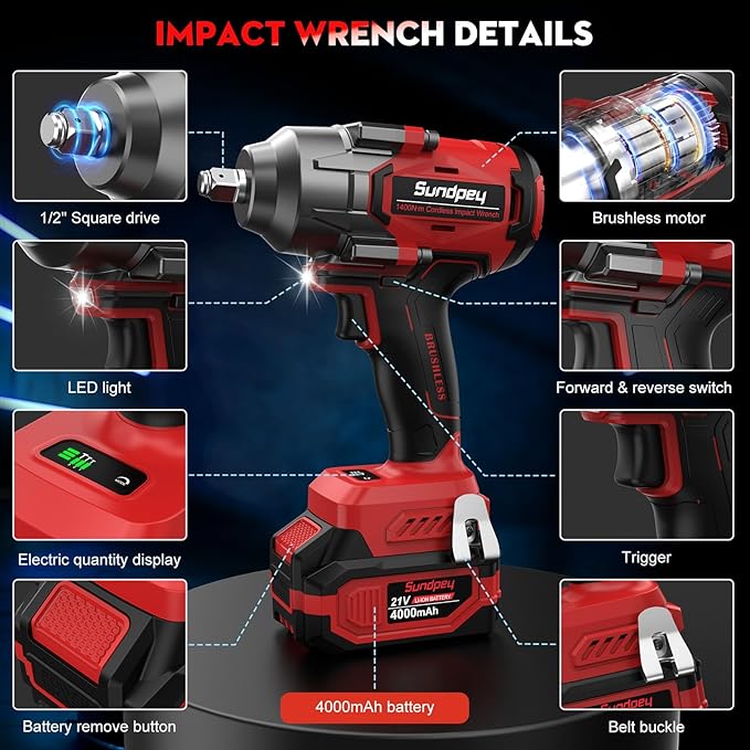 Sundpey Cordless Impact Wrench 1033Ft-lbs - 1400N·m High Torque Impact Gun - 21V Brushless Impact Driver with 2pcs 4.0Ah Battery & 5 Sockets & 9 Drill Bits & 1/2" Hexagonal Adapter for Car Truck Home