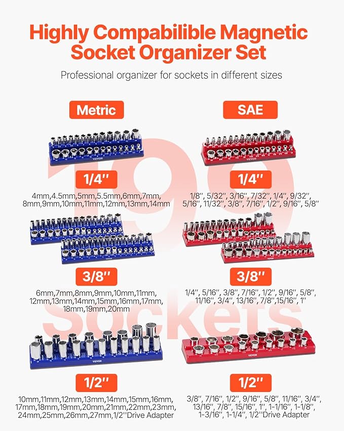 VEVOR Magnetic Socket Organizer Set, 8PCS Socket Holder, 1/4'', 3/8'' & 1/2'' Metric SAE Socket Trays with Clear Labels, Hold up to 199PCS Standard & Deep Sockets, Blaue & Red (Sockets Not Included)