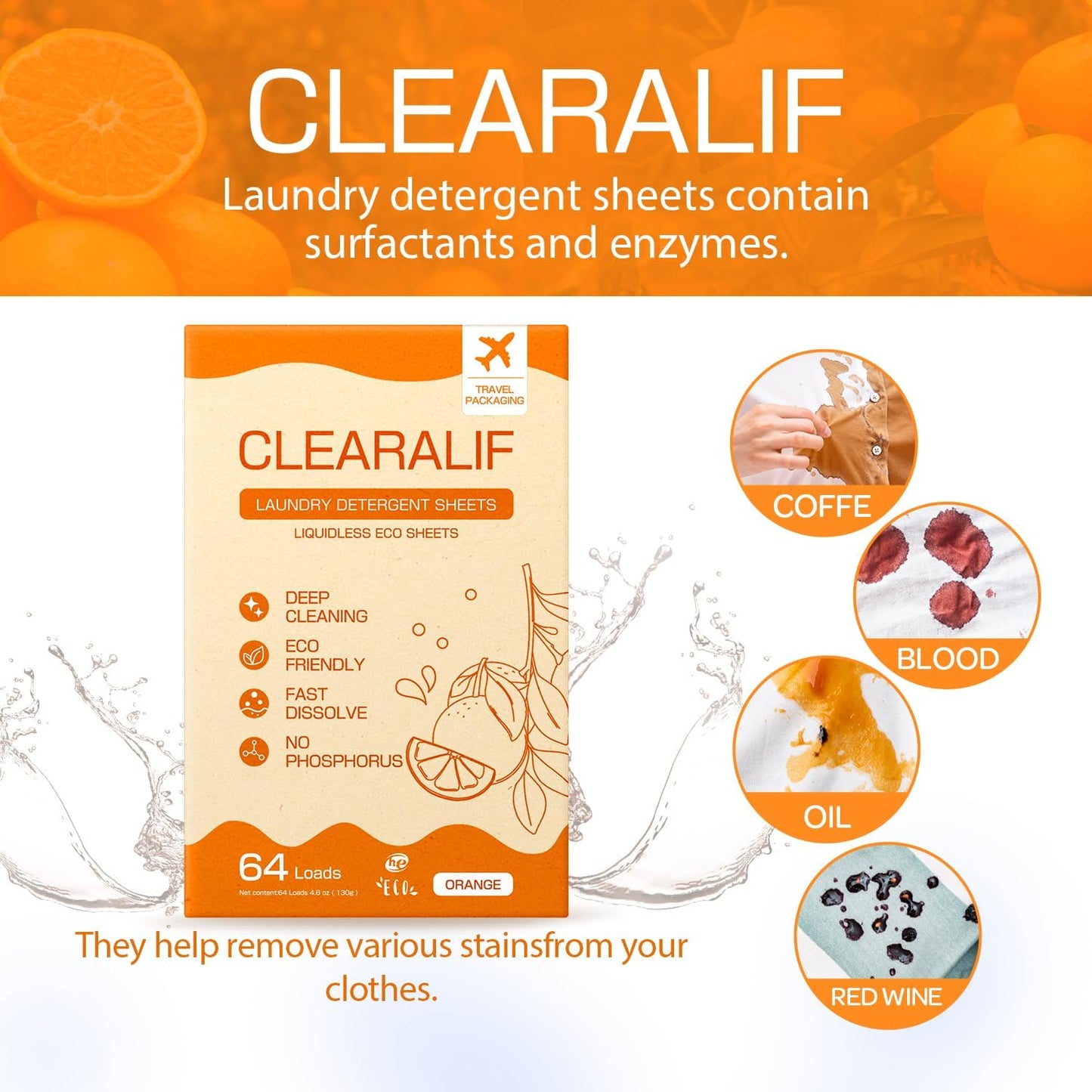 CLEARALIF Laundry Detergent Sheets, Orange, 64 Load, CLEARALIF Laundry Detergent Strips Eco Friendly & Hypoallergenic
