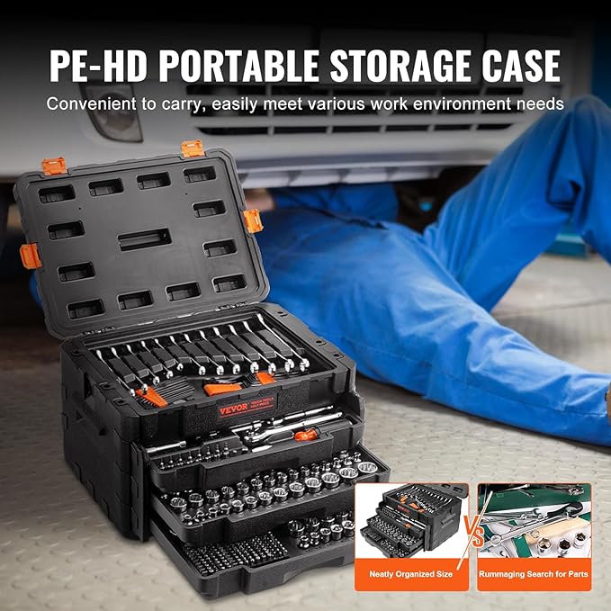 VEVOR Mechanics Tool Set and Socket Set, 1/4" 3/8" 1/2" Drive Deep and Standard Sockets, 450 Pcs SAE and Metric Mechanic Tool Kit with Bits, Hex Wrenches, Combination Wrench, Accessories, Storage Case