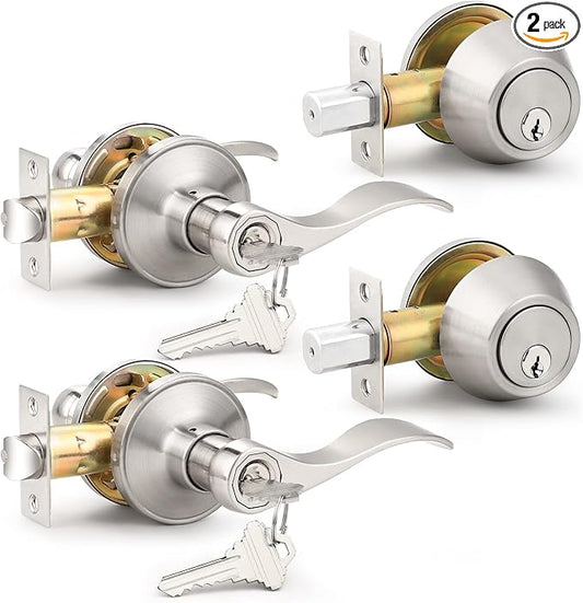 Probrico Entrance Door Lever Deadbolt Sets Drop Style Entry Door Handle Set with Single Cylinder Deadbolt in Satin Nickel Finish, Keyed Alike Lockset Handleset Combo Pack, Contemporary Style,2 Pack