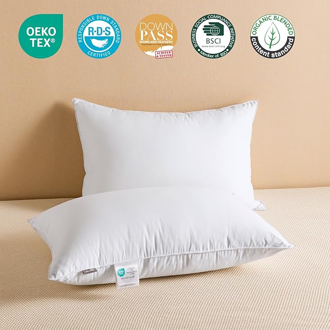 Goose Feather Down Pillows King Size Set of 2, Luxury Soft Feather Pillows for Sleeping, Smooth Down-Proof Fabric, Hotel Collection Bed Pillows Surround Fill Polyester (White, 20"x36")