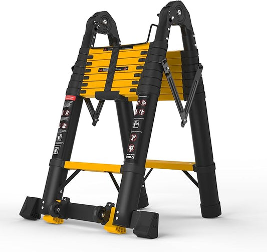 16.5 FT Telescoping A Frame Ladder, 8 Step, ANSI Certified, Type I Heavy Duty, 330lbs Max Capacity, Aluminum Extension Ladder for Home, Roof, RV; Yellow