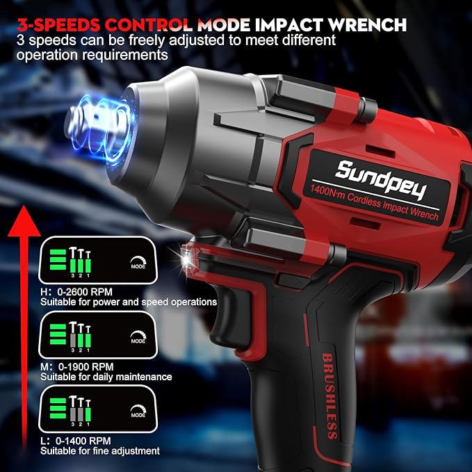 Sundpey Cordless Impact Wrench 1033Ft-lbs - 1400N·m High Torque Impact Gun - 21V Brushless Impact Driver with 2pcs 4.0Ah Battery & 5 Sockets & 9 Drill Bits & 1/2" Hexagonal Adapter for Car Truck Home