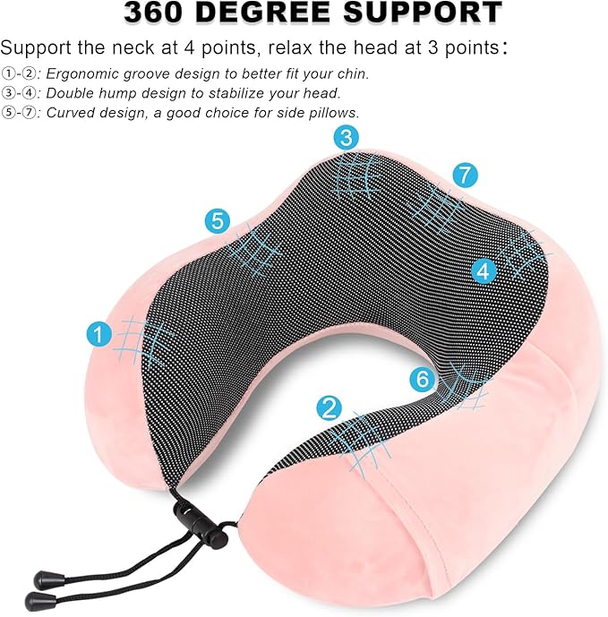 Pure Memory Foam Travel Pillow Set for Adults - Comfortable & Breathable Removable Cover, Airplane Travel Kit with Eye Mask & Portable Storage Bags for Plane Accessories - Pink