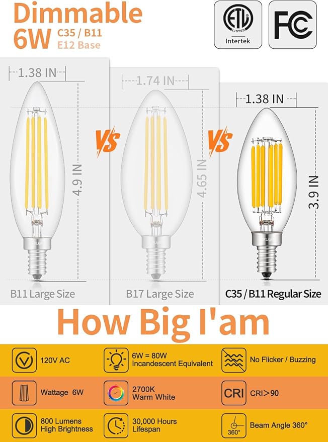 CRLight 6W Dimmable LED Candelabra Bulb 80W Equivalent 800LM, 6 LED Filament Real 6W Chandelier Light Bulbs, 2700K Warm White E12 Base, B11 Candle Torpedo Clear Glass Decorative Bulb, 8 Pack