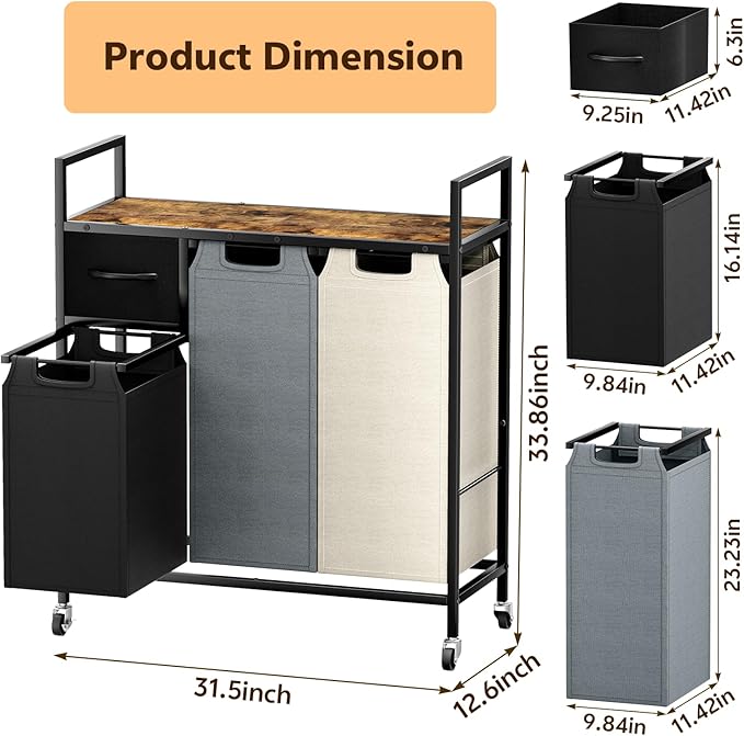 145L Laundry Hamper: Laundry sorter 3 Section - Laundry Room Organization and Storage with 4 Pull-Out Drawers, Removable Oxford Bags, Lockable Wheels & Sturdy Shelf for Home, Bathroom, Bedroom