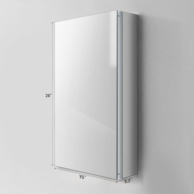 Medicine Cabinet with Mirror Door&Adjustable Shelves, Wall-Mounted Rectangular Medicine Cabinet Beveled Edge Frame, 15" x 26"x 5.3"